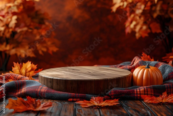 Obraz Autumnal display: a rustic wooden podium is adorned with vibrant fall foliage, a pumpkin, and a plaid blanket, creating a warm and inviting scene.