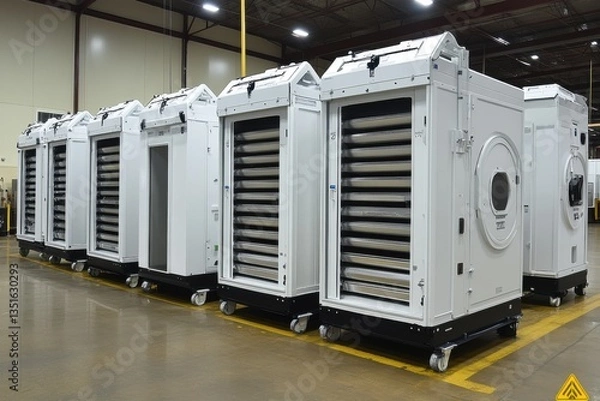 Fototapeta A row of white industrial units on wheels, possibly for ventilation or processing, sits in a warehouse setting.