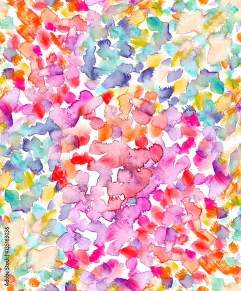 Fototapeta Seamless background pattern with bright pink, turquoise blue and yellow dots and stains painted in watercolor