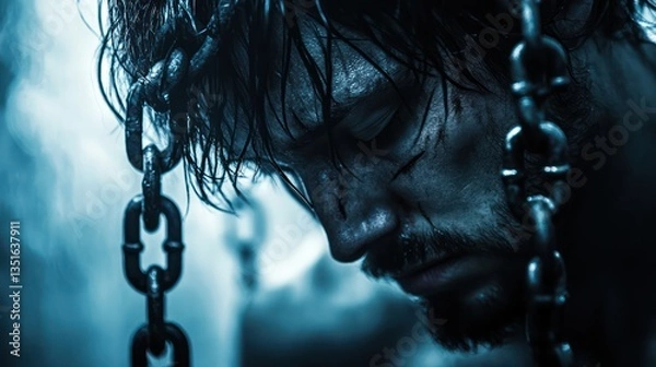 Fototapeta Chained, sorrowful man in dimly lit dungeon