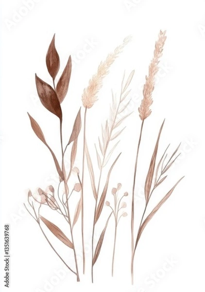 Fototapeta Watercolor botanical illustration, isolated on a white background, with neutral colors, simple, a single branch with leaves and buds