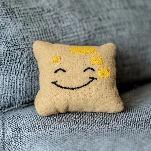 Obraz A small square cushion with a happy embroidered face design