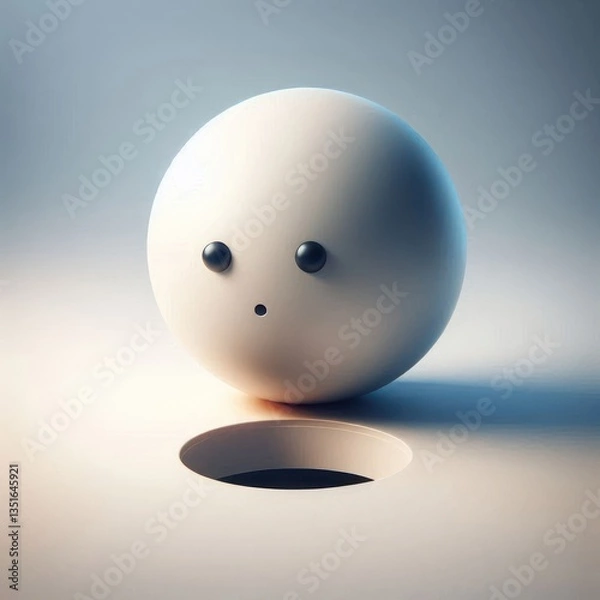 Fototapeta A white ball with eyes and mouth in front of the hole. Space for text.