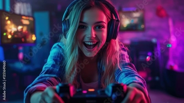 Obraz girl gamer in headphones and with a joystick enthusiastically playing on the console