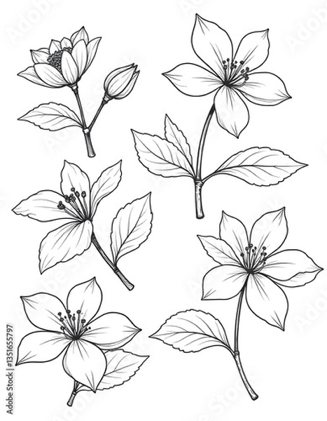 Fototapeta A collection of four detailed line art illustrations of flowers and leaves.