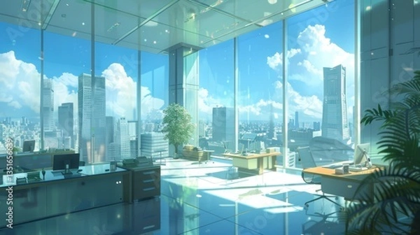 Fototapeta Modern office interior, cityscape view, sunny day, spacious