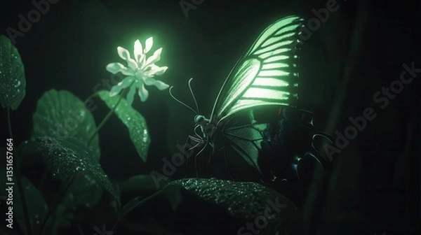 Fototapeta Glowing Butterfly on a Dewy Flower Petal in a Mystical Night Garden with Ethereal Light