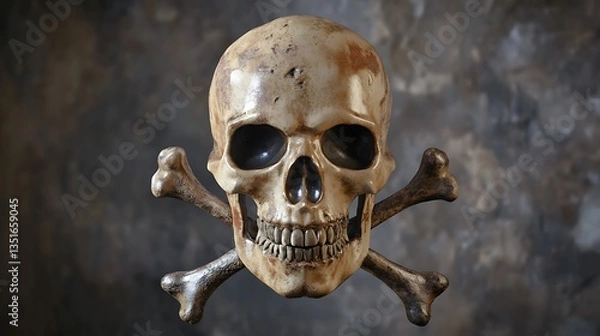 Fototapeta A Still Life of a Human Skull and Crossbones Against a Dark Background