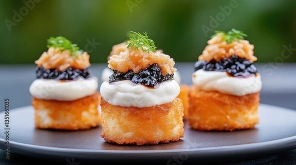 Obraz Creamy, crispy bites topped with caviar and herbs