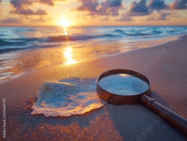 Fototapeta Searching for Paradise: A Magnifying Glass and Map on a Sandy Beach at Sunset, Unveiling Adventure and Discovery Under a Golden Sky