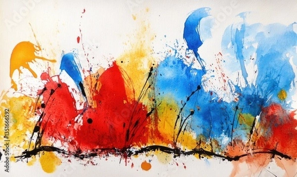Fototapeta Abstract watercolor painting of vibrant colors with splatters and lines