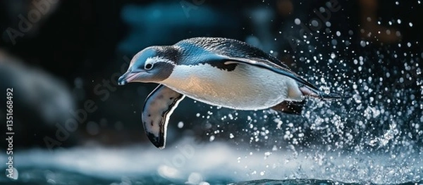 Fototapeta Little penguin leaping from water, splashing.