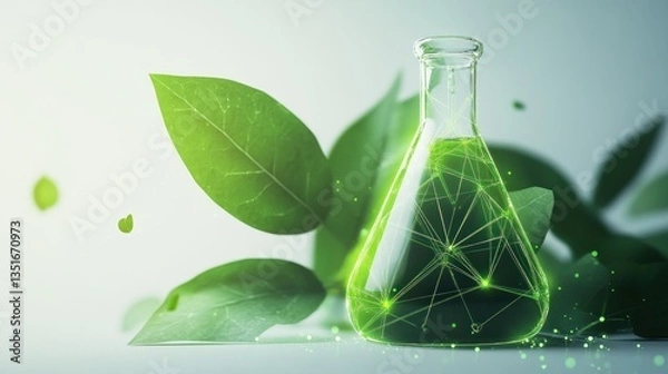 Obraz Futuristic biotechnology concept with glowing low polygonal chemical beaker and green leaves