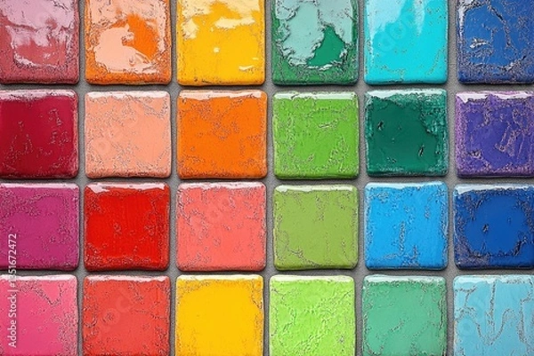 Fototapeta An arrangement of colorful painted squares in a grid pattern