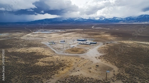 Obraz Aerial view of secure nuclear waste storage facility with containment structures in barren landscape under cloudy sky. Environmental safety and hazardous material management concepts
