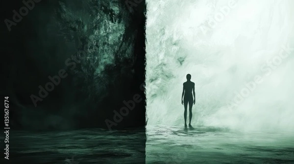 Fototapeta Silhouette Figure Facing Light in a Cave-like Space