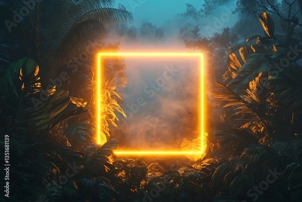 Fototapeta Digital Render: Illuminated Square Frame in Tropical Foliage