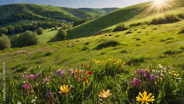 Obraz Mountain spring landscape with colourful flowers in bloom