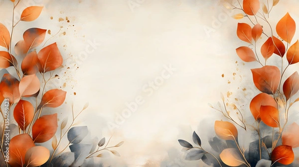 Obraz A delicate watercolor painting featuring orange and gray leaves with gold accents, creating a serene and elegant botanical background