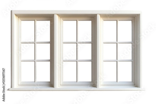 Fototapeta A classic white-framed triple-pane window with elegant molding, exuding a sense of symmetry, openness, and timeless architectural charm. A symbol of clarity, perspective, and inviting natural light.