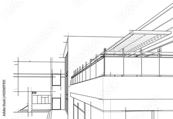 Fototapeta house building sketch architecture 3d illustration