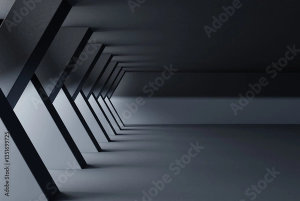 Fototapeta Futuristic geometric dark hall interior with abstract diagonal shadows - 3D Illustration