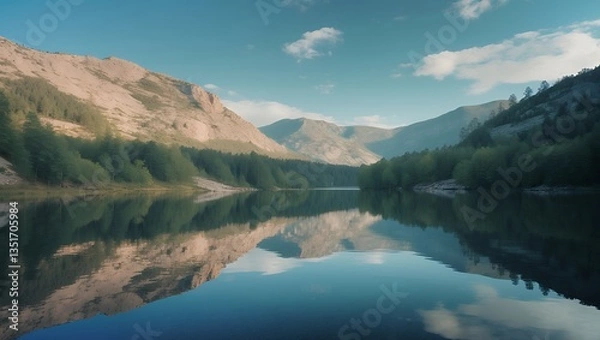 Fototapeta Reflective lake, mountains, trees. Serene nature scene, peaceful