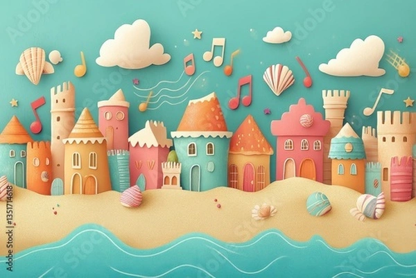Obraz Colorful cartoon houses and beach scenery with musical notes