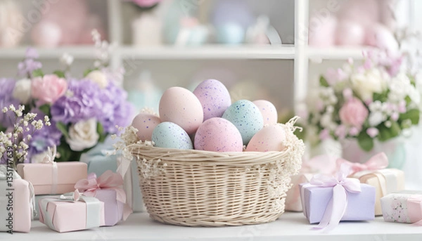 Fototapeta Vibrant easter shop display with colorful eggs and gift boxes. concept of festive decoration, spring celebration, holiday atmosphere, store