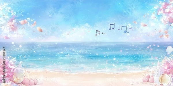 Fototapeta A serene beach scene with music notes and gentle colors