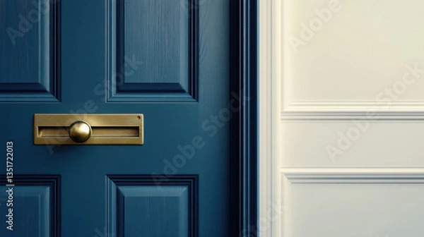 Fototapeta A classic wooden door painted in muted navy blue, featuring a vintage brass doorknob and a horizontal mail slot, isolated against a pale cream background