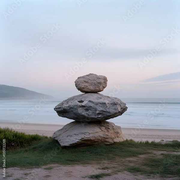 Fototapeta Balanced rocks, beach dawn, ocean backdrop, zen