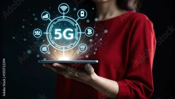 Obraz 5G network. Woman in red long sleeve shirt holds tablet displaying a futuristic 5G network interface with glowing icons. Dark background. 