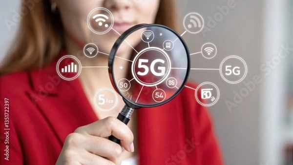 Obraz 5G network. Close up of a woman in a red blazer holding a magnifying glass focusing on a 5G network graphic. The graphic is displayed as a hologram