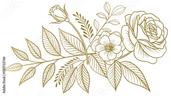 Obraz Tropical Foliage Line Art: Elegant line art illustration showcasing the intricate details of tropical foliage with a touch of gold.