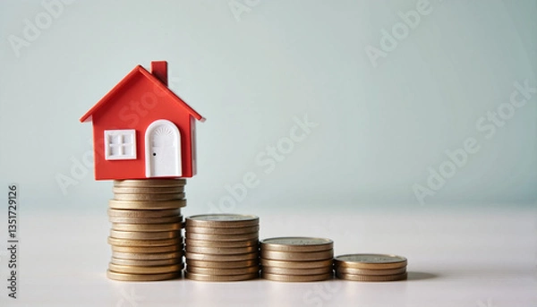 Fototapeta Model house on stacks of coins illustrating real estate value trends for blogs, websites, financial education, investment advice, economic articles, and presentations on wealth management