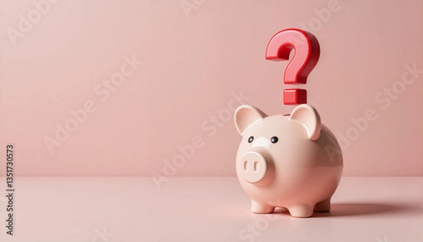 Fototapeta Piggy bank with question mark for finance blogs, educational materials, monetary awareness campaigns, savings information, investment websites, and presentations on budgeting and saving