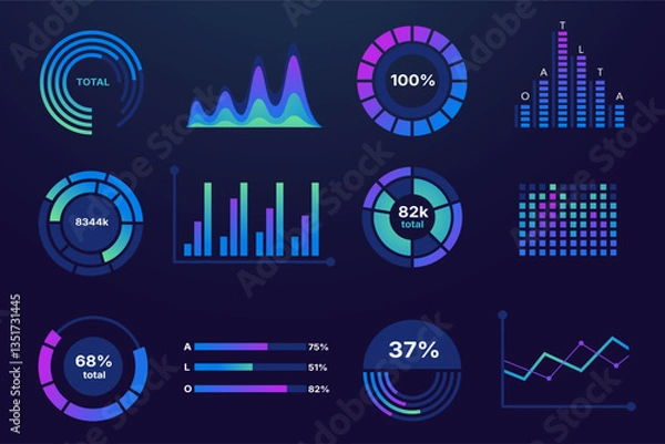 Obraz Data chart graph. Business statistics infographic elements, dat analysis progress report presentation with line and bar diagrams. Vector pie chart isolated set