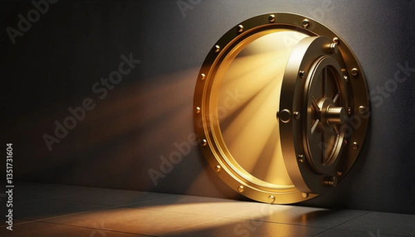 Fototapeta Golden vault door partially open with light shining for blogs, websites, financial themes, security education, digital illustrations, presentations, and investment-related materials