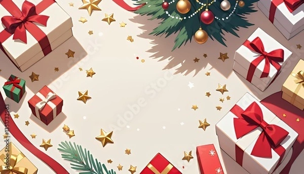 Fototapeta Kawaii Christmas Gifts and Tree: Festive Anime Illustration