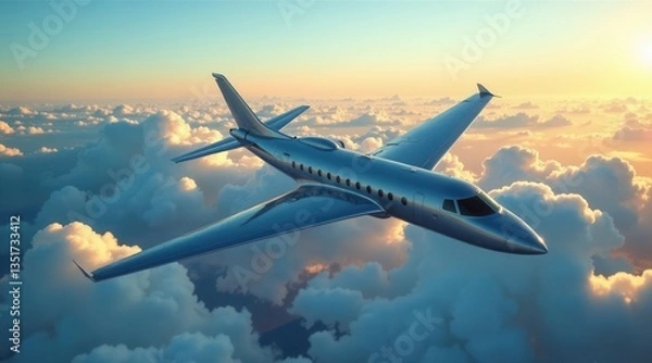Fototapeta A sleek silver private jet gracefully soars above a breathtaking expanse of fluffy clouds during a vibrant sunrise