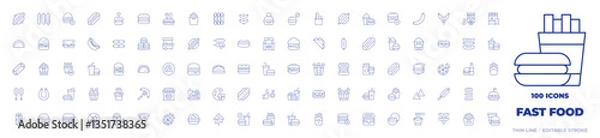 Obraz 100 Fast food Icons Collection. Thin line icon. Editable stroke. hot dog, burger, flautas, groceries, sausage, burrito, sandwich, taco, corn dog, bread, popcorn, kebab