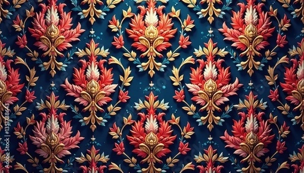 Fototapeta Classic damask motif, repeating arabesque pattern, black, scroll