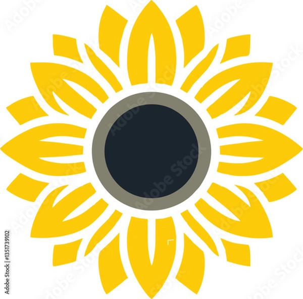 Obraz Minimalist Sunflower Symbol 
This digital artwork features a modern, minimalist sunflower design with a bold, geometric aesthetic. The symmetrical petals are stylized with golden-yellow hues