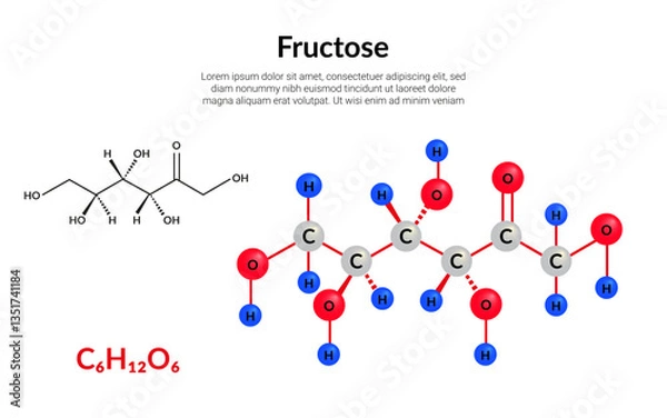 Fototapeta Fructose, or fruit sugar, molecular structure formula, ball-and-stick model, suitable for education or chemistry science content. Vector illustration