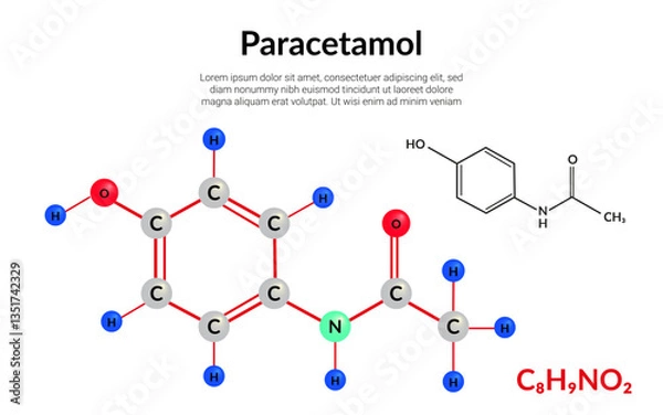Fototapeta Paracetamol or acetaminophen, analgesic drug, molecular structure formula, ball-and-stick model, suitable for education or chemistry science content