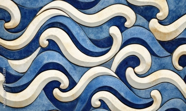 Fototapeta Blue and white curved wave patterns create an artistic background design