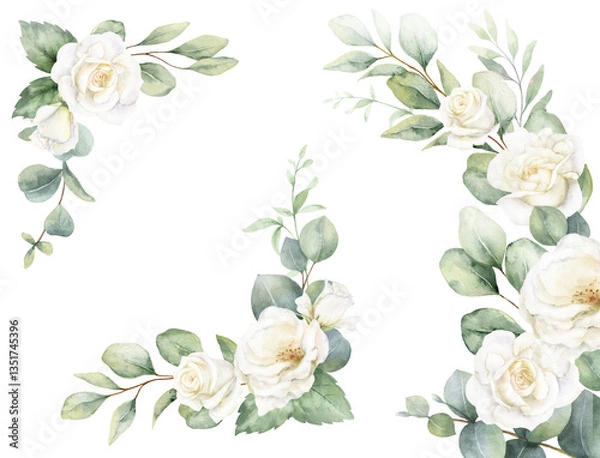 Fototapeta Watercolor set of frames and wreaths with  green eucalyptus leaves and white roses. Greenery clipart for wedding invitation, greeting cards, save the date, stationery design. Hand drawn illustration.