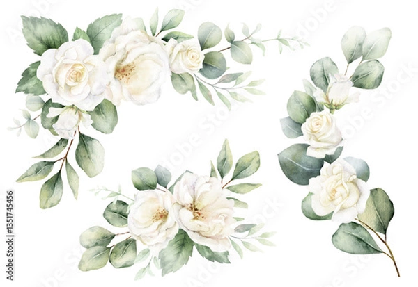 Fototapeta Watercolor set of frames and wreaths with  green eucalyptus leaves and white roses. Greenery clipart for wedding invitation, greeting cards, save the date, stationery design. Hand drawn illustration.
