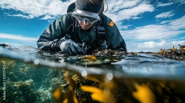 Obraz Diver examines underwater kelp forest, bright sky.